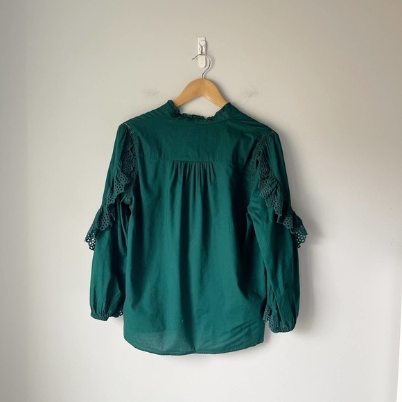 J. Crew Women's Dark Spruce Ruffle Sleeve Embroidered Eyelet Blouse Size S - Picture 4 of 5